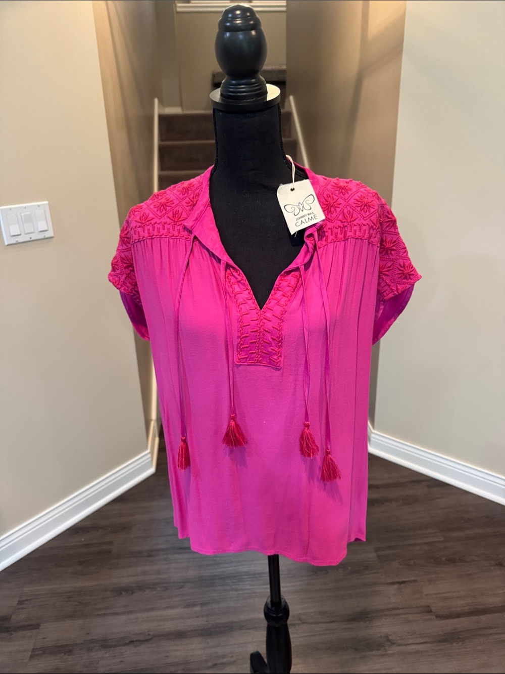 Johnny Was Hot Pink Embroidered Tassel Peasant Blouse